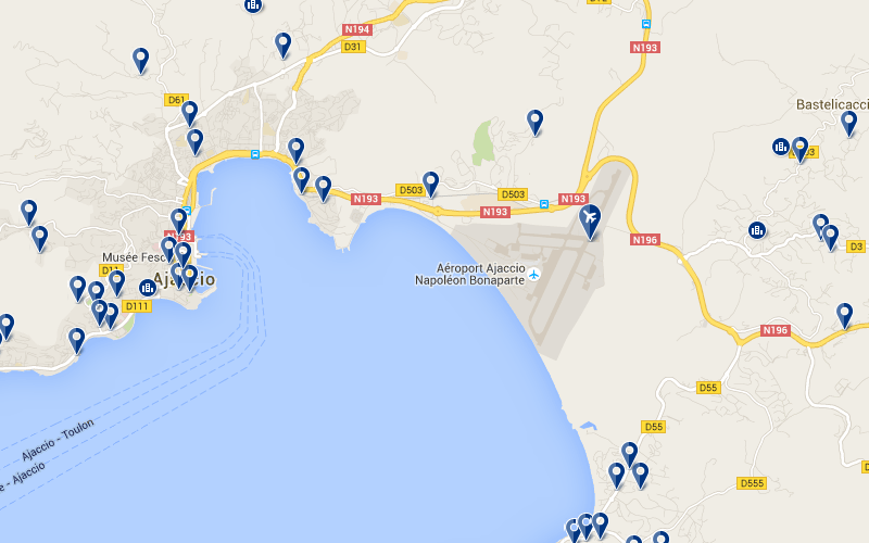 Carte des hôtels proches de l'aéroport d'Ajaccio en Corse