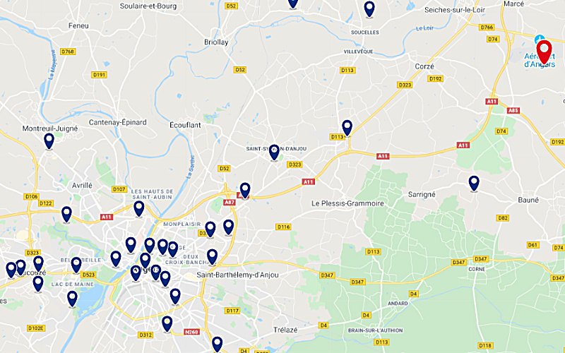 Carte des hôtels proches de l'aéroport d'Angers
