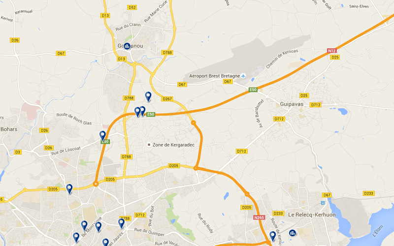 Carte des hôtels proches de l'aéroport de Brest