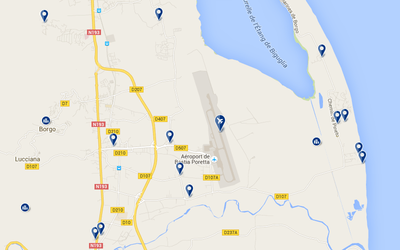 Carte des hôtels proches de l'aéroport de Bastia en Corse