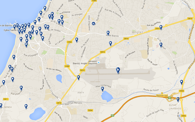 Carte des hôtels proches de l'aéroport de Biarritz