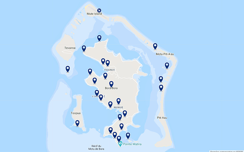 Carte des hôtels proches de l'aéroport de Bora Bora en Polynésie française