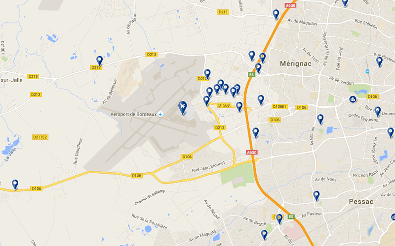 Carte des hôtels proches de l'aéroport de Bordeaux