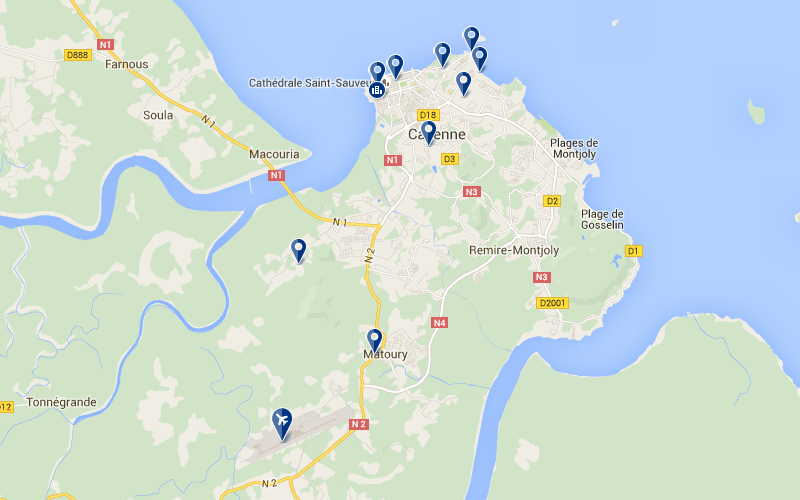 Carte des hôtels proches de l'aéroport de Cayenne en Guyane