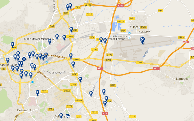 Carte des hôtels proches de l'aéroport de Clermont Ferrand