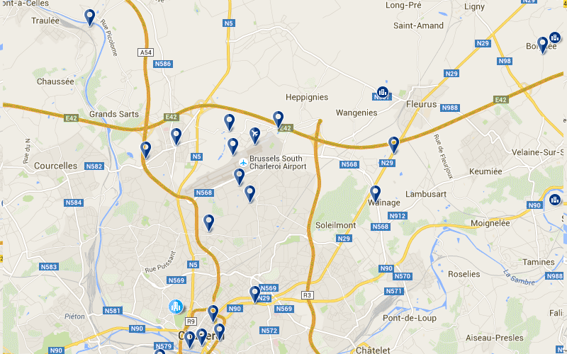 Carte des hôtels proches de l'aéroport de Charleroi Bruxelles Sud