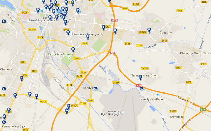 Carte des hôtels proches de l'aéroport de Dijon