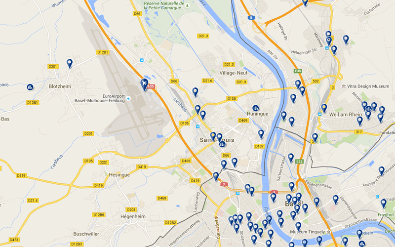Carte des hôtels proches de l'aéroport de Bale Mulhouse