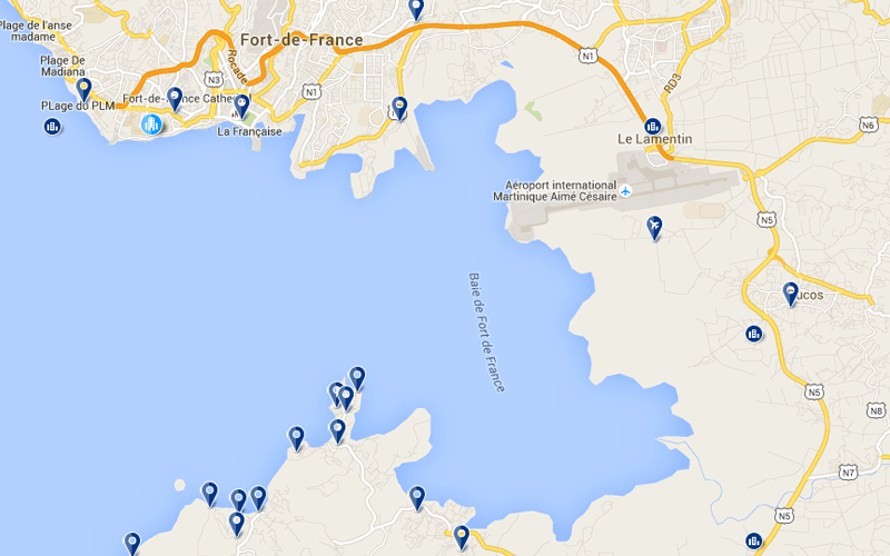 Carte des hôtels à proximité de l'aéroport de Fort de France en Martinique