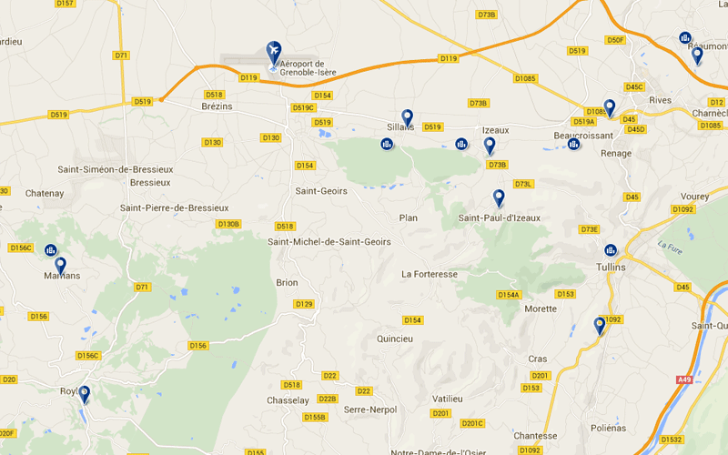 Carte des hôtels proches de l'aéroport de Grenoble