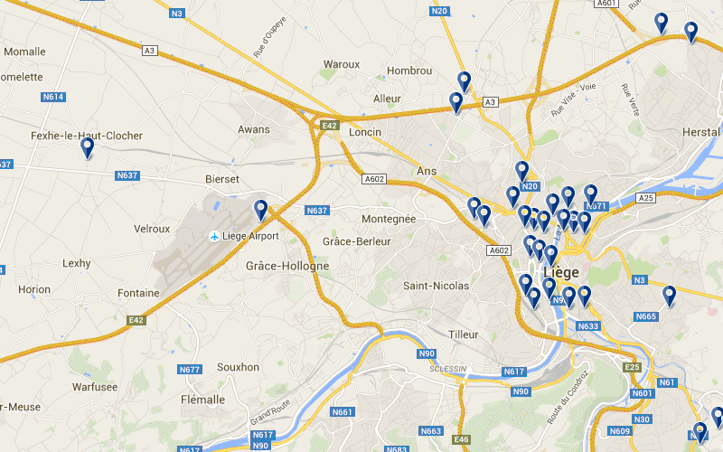 Carte des hôtels proches de l'aéroport de Liège