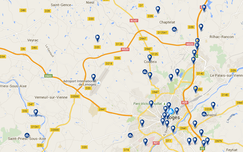 Carte des hôtels proches de l'aéroport de Limoges