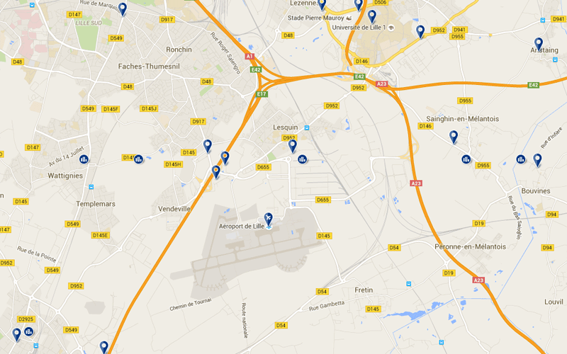 Carte des hôtels proches de l'aéroport de Lille