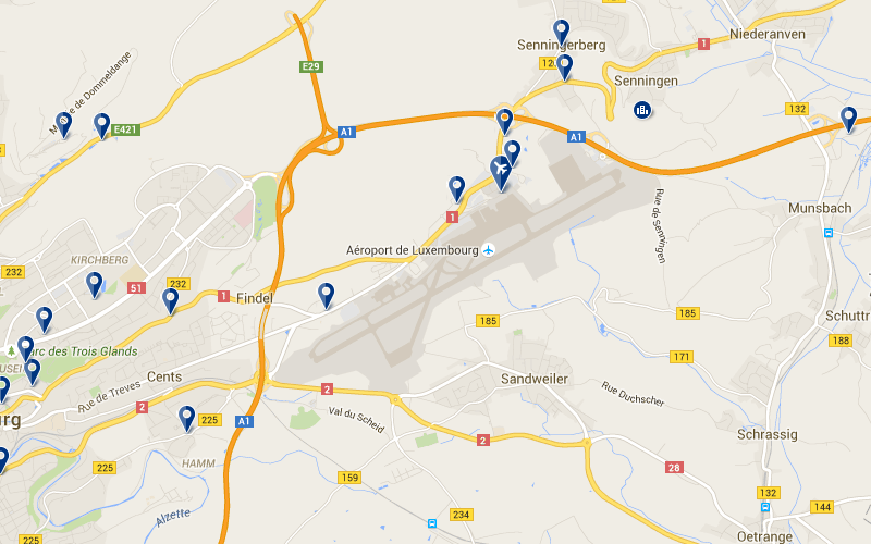 Carte des hôtels proches de l'aéroport du Luxembourg
