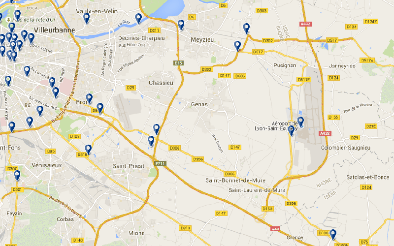 Carte des hôtels proches de l'aéroport de Lyon