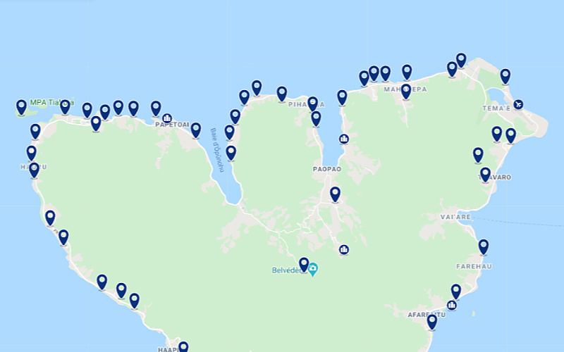 Carte des hôtels proches de l'aéroport de Moorea en Polynésie