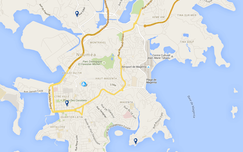 Carte des hôtels proches de l'aéroport de Nouméa