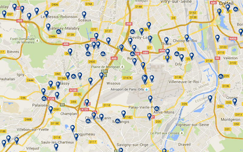 Carte des hôtels à proximité de l'aéroport d'Orly
