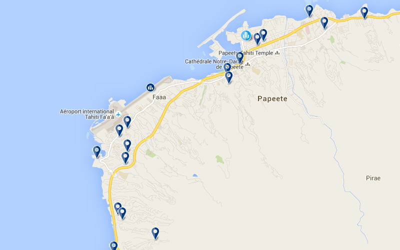 Carte des hôtels à proximité de l'aéroport de Papeete à Tahiti
