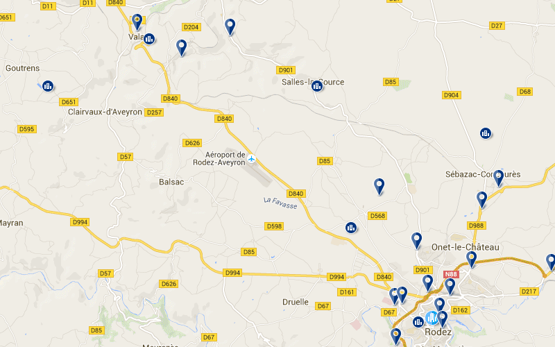 Carte des hôtels proches de l'aéroport de Rodez dans l'Aveyron