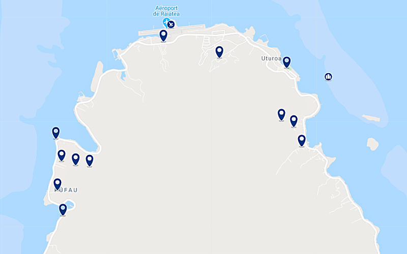 Carte des hôtels proches de l'aéroport de Raiatea en Polynésie Française