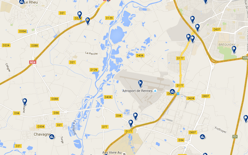 Carte des hôtels proches de l'aéroport de Rennes