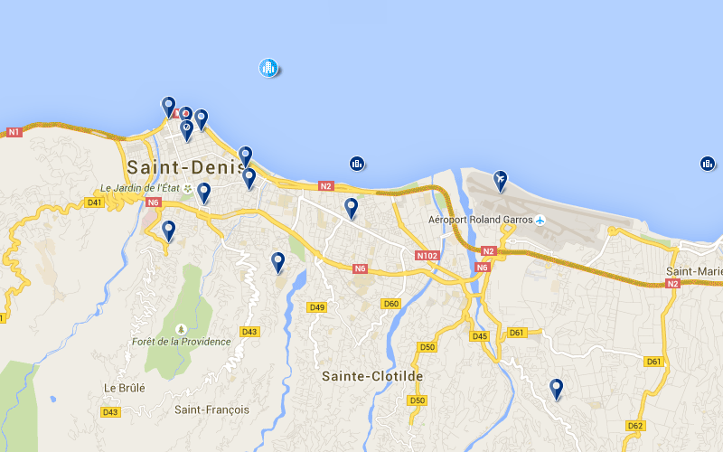 Carte des hôtels proches de l'aéroport de Saint Denis à la Réunion