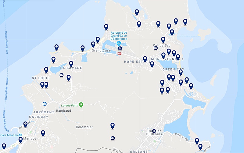 Carte des hôtels proches de l'aéroport de Saint Martin aux Antilles