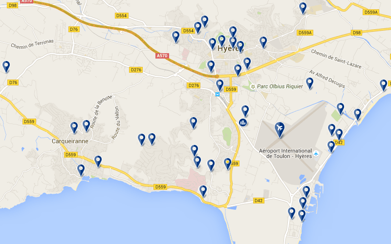 Carte des hôtels proches de l'aéroport de Toulon Hyères