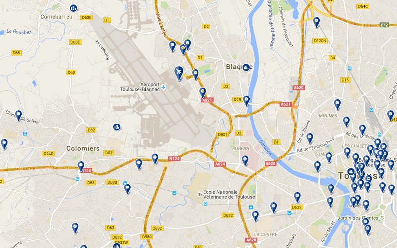 Carte des hôtels proches de l'aéroport de Toulouse