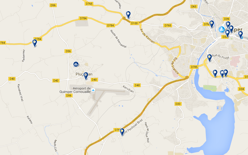 Carte des hôtels à proximité de l'aéroport de Quimper en Bretagne