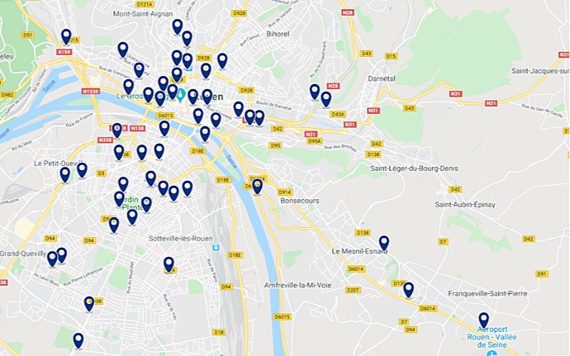Carte des hôtels proches de l'aéroport de Rouen