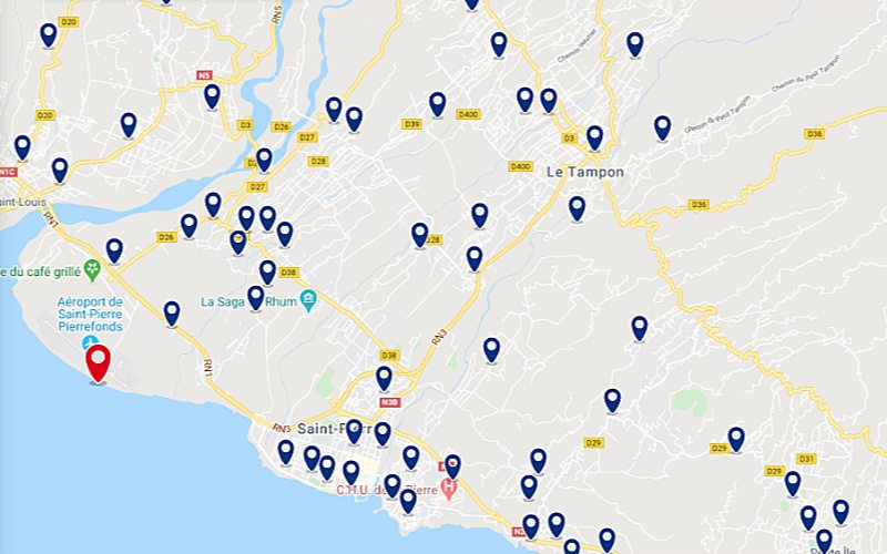 Carte des hôtels proches de l'aéroport de Saint Pierre sur l'ile de la Réunion